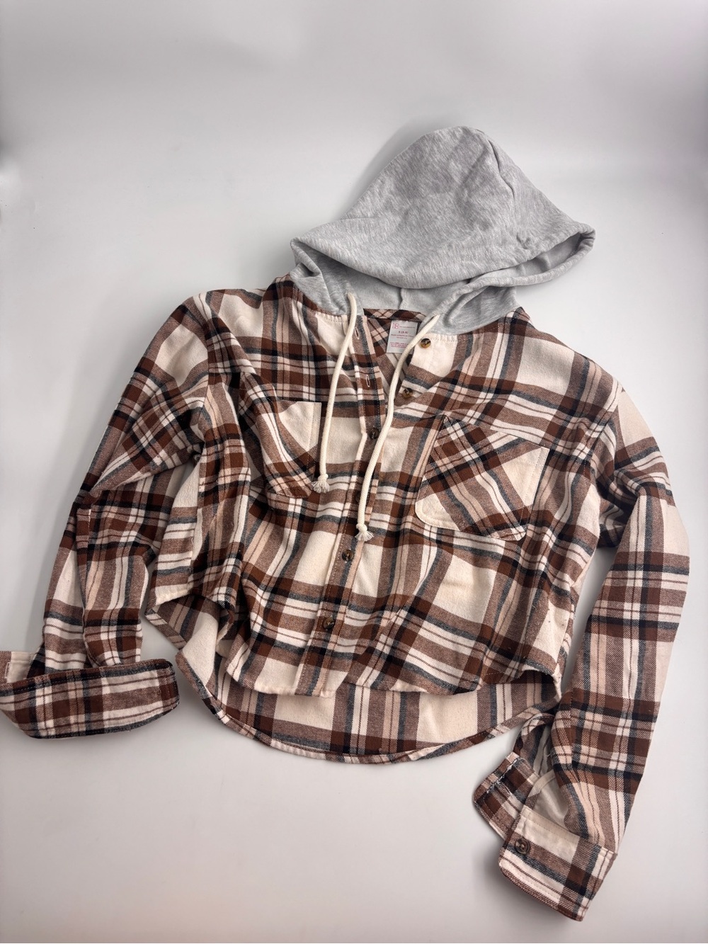 Cropped Plaid Hooded Shirt Jacket - Brown & Cream